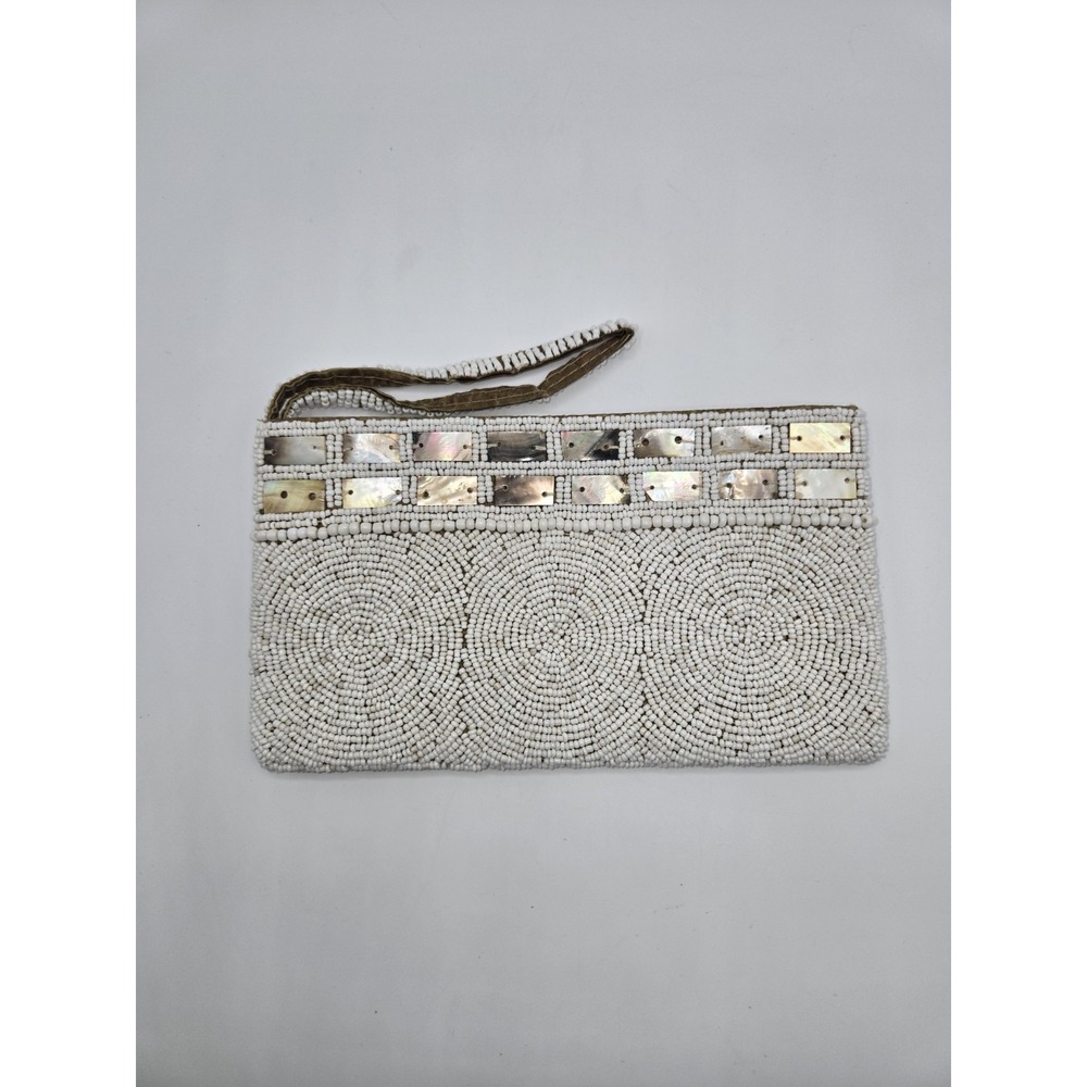 Vintage White Beaded Wristlet Clutch‎ Mother of Pearl Accents Evening Bag